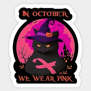 Black Cat In October We Wear Pink Funny Halloween Sticker